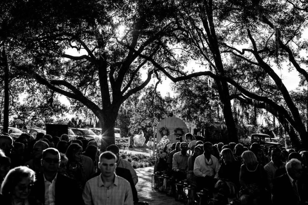 bride walking up to the ceremony while guests sit and wait