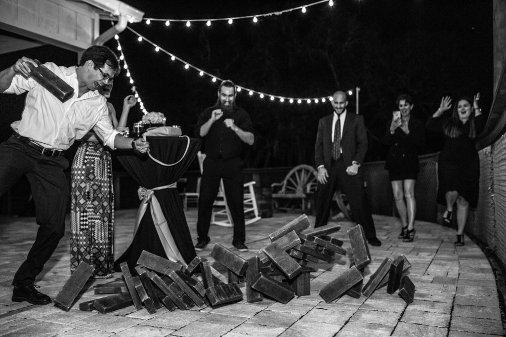 guests playing giant jenga 