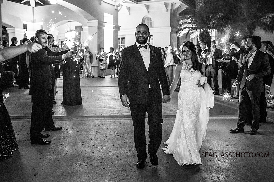 black and white photo of sparkler exit at Grand Harbor Vero Beach Florida Wedding