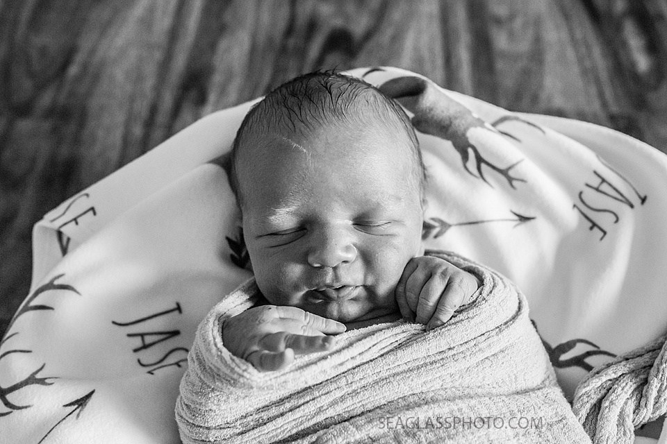 Cllose up of baby boy in Black and white during newborn shoot in Vero Beach Florida