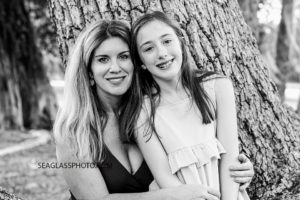 Black and white photo of mother and daughter at Riverside Park in Vero Beach Florida