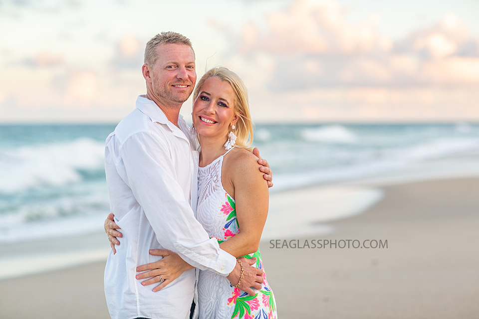 Close up of husband and wife on the beach during family photos in Vero Beach Florida