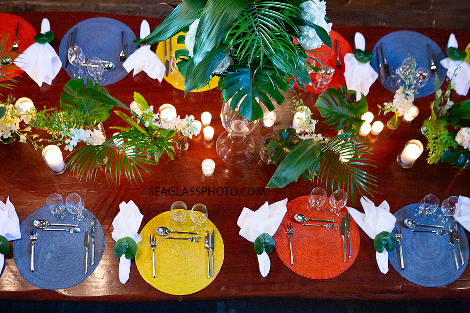 Overview of the beautiful and colorful table set up for McKee Gardens dinner held to preview the new children center photographed by a Vero Beach Florida photographer