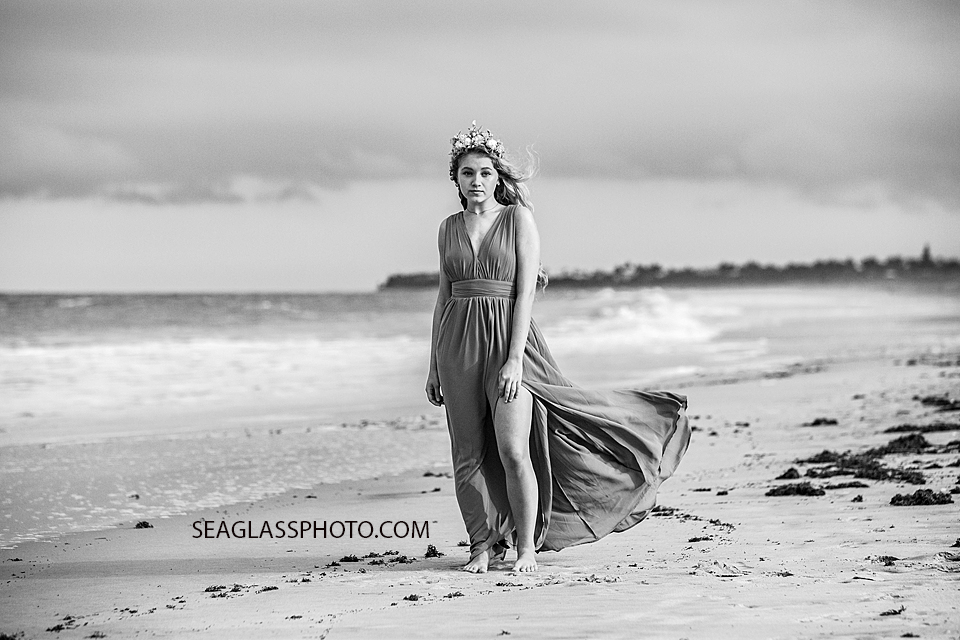 Black and white photo of a young senior during her senior photoshoot in Vero Beach Florida