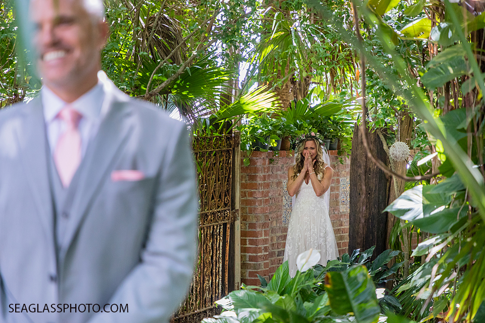 Bride crying happy tears upon seeing her groom at the wedding in Vero Beach Florida