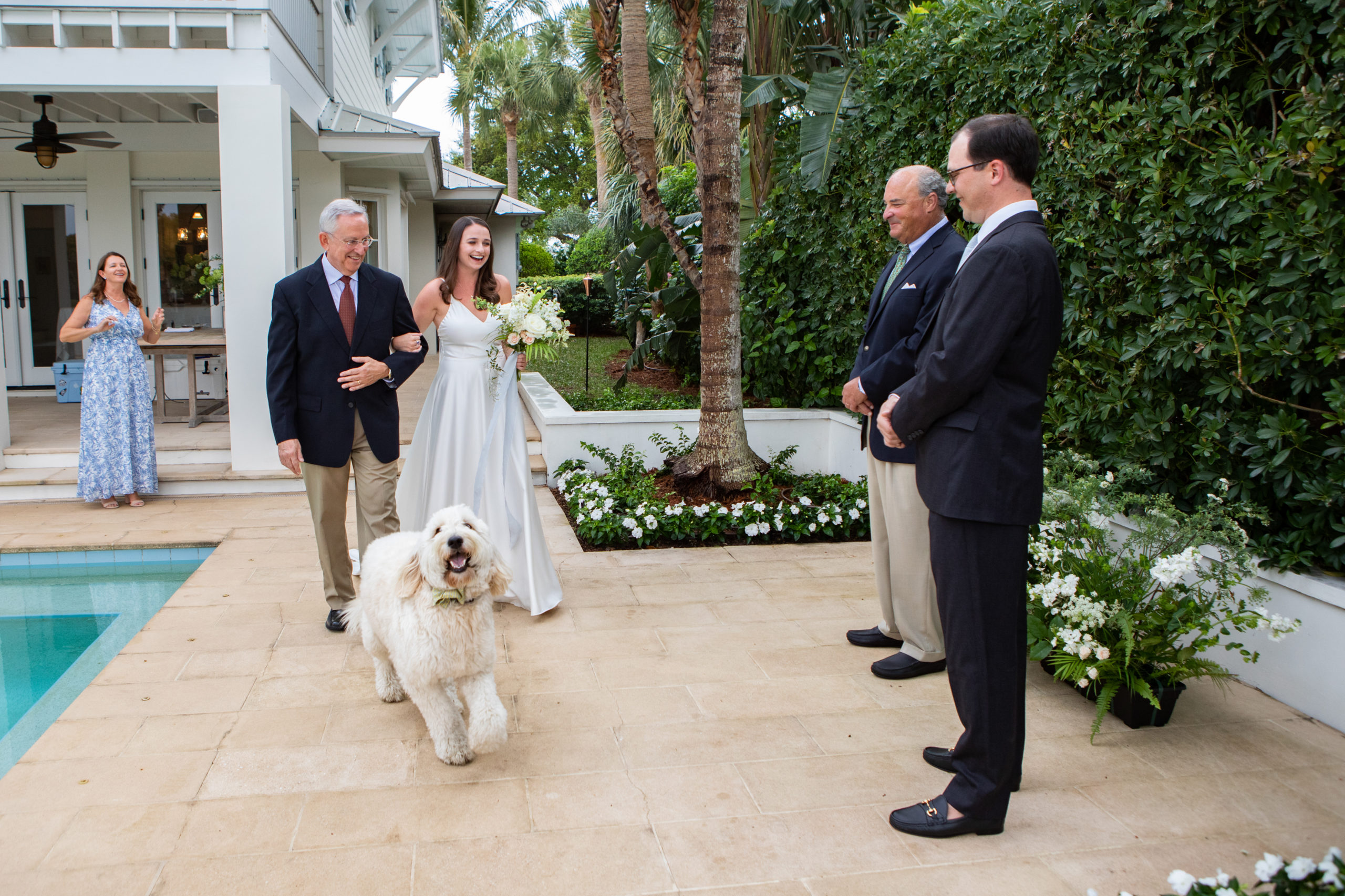 bride entering wedding ceremony with dog running in front backyard wedding by the pool Vero Beach Wedding Photographer