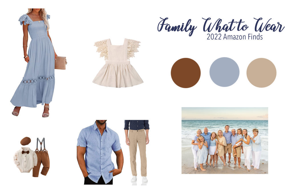 Family guide on what to wear for family photos on the beach with colors blue, tan and brown