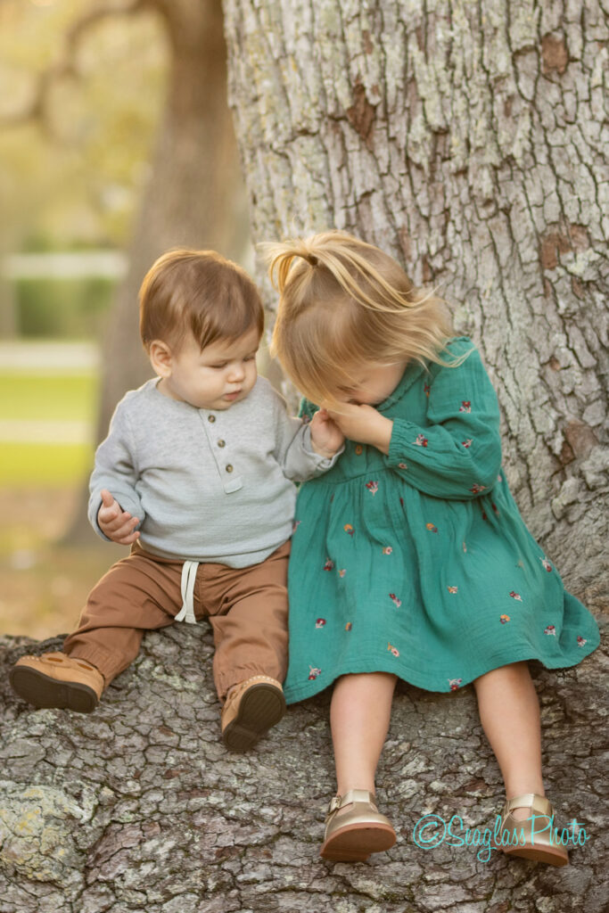 Two young children sit on a large tree trunk. The boy wears a gray shirt and brown pants, while the girl in a green dress leans over, gently kissing the boy’s hand. The background is softly blurred. Vero Beach Photoshoot