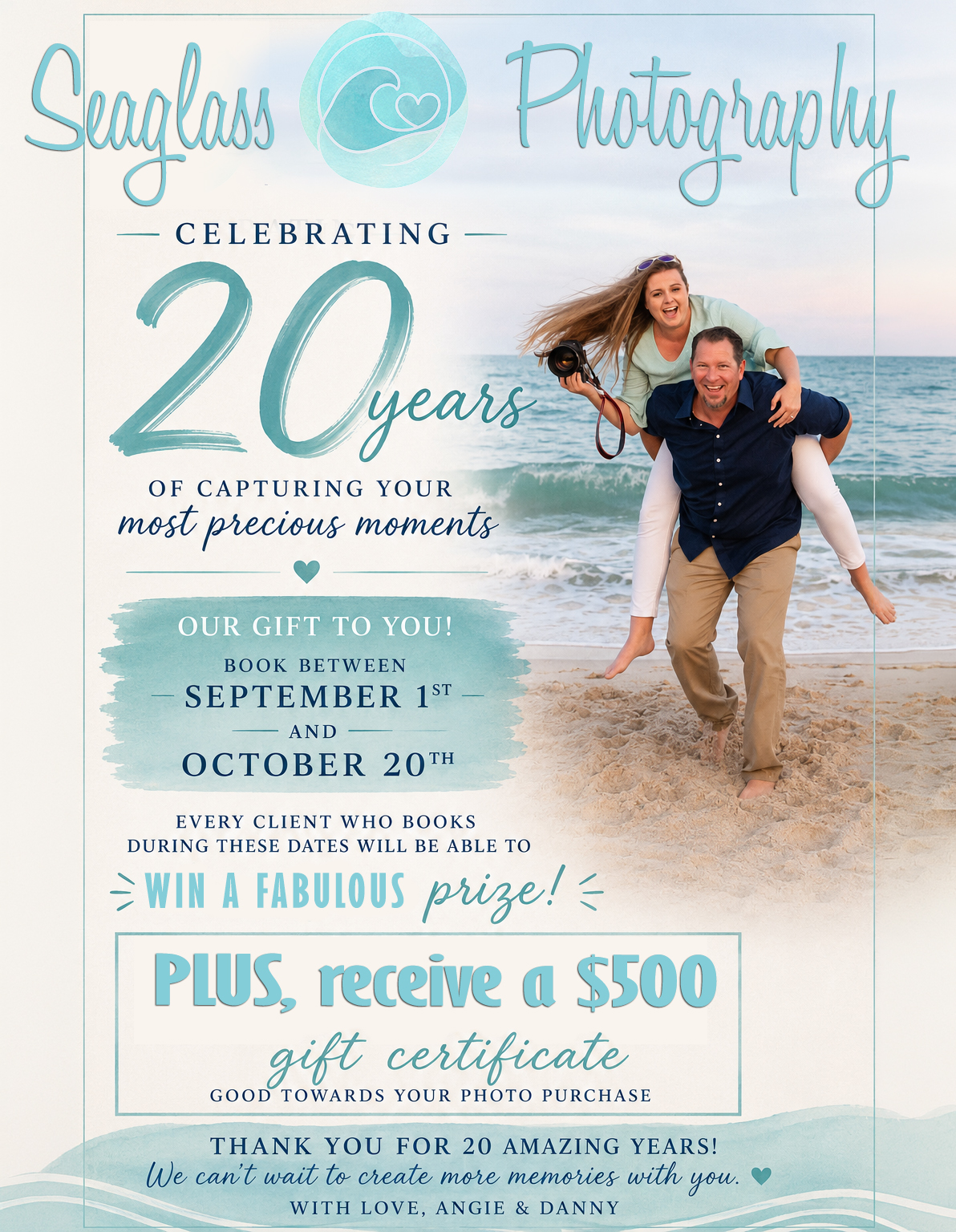 A couple laughing on a beach; the man carries the woman on his back. Text promotes Seaglass Photographys 20th anniversary, special gift certificate offer, and contest for bookings between September 1 and October 20. Vero Beach Photoshoot