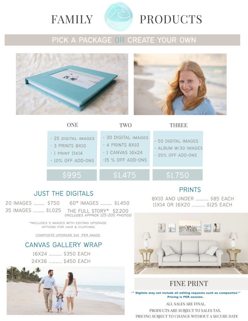 A pricing guide for family photography packages, featuring three main options, individual product prices, and add-ons. Includes photos of a family at the beach and a woman smiling. Soft coastal-themed design. Vero Beach Photoshoot